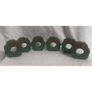 Vintage hand painted wooden Christmas wreath red bow napkin holder set of 6